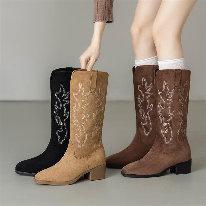 Suede Cowboy Boots for Women Knee High Western Cowgirl Boots Pointed Toe Low Heel Classic Embroidered Boot - Image 4