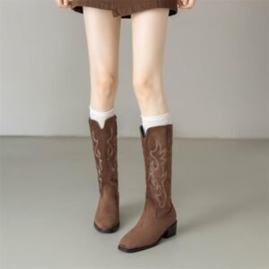 Suede Cowboy Boots for Women Knee High Western Cowgirl Boots Pointed Toe Low Heel Classic Embroidered Boot