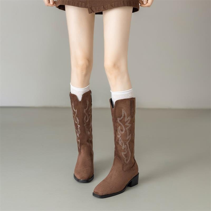 Suede Cowboy Boots for Women Knee High Western Cowgirl Boots Pointed Toe Low Heel Classic Embroidered Boot
