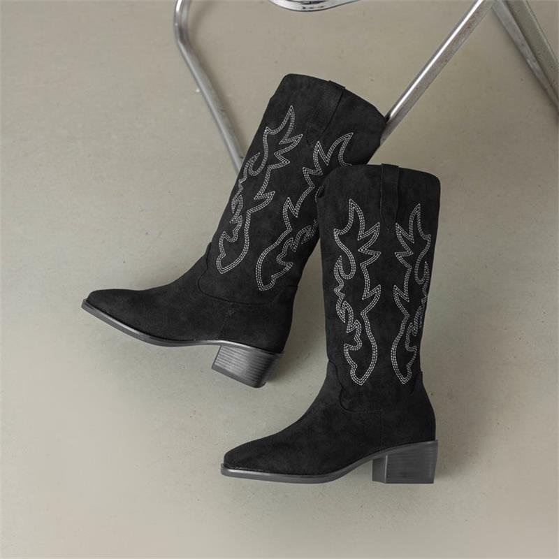 Suede Cowboy Boots for Women Knee High Western Cowgirl Boots Pointed Toe Low Heel Classic Embroidered Boot - Image 3