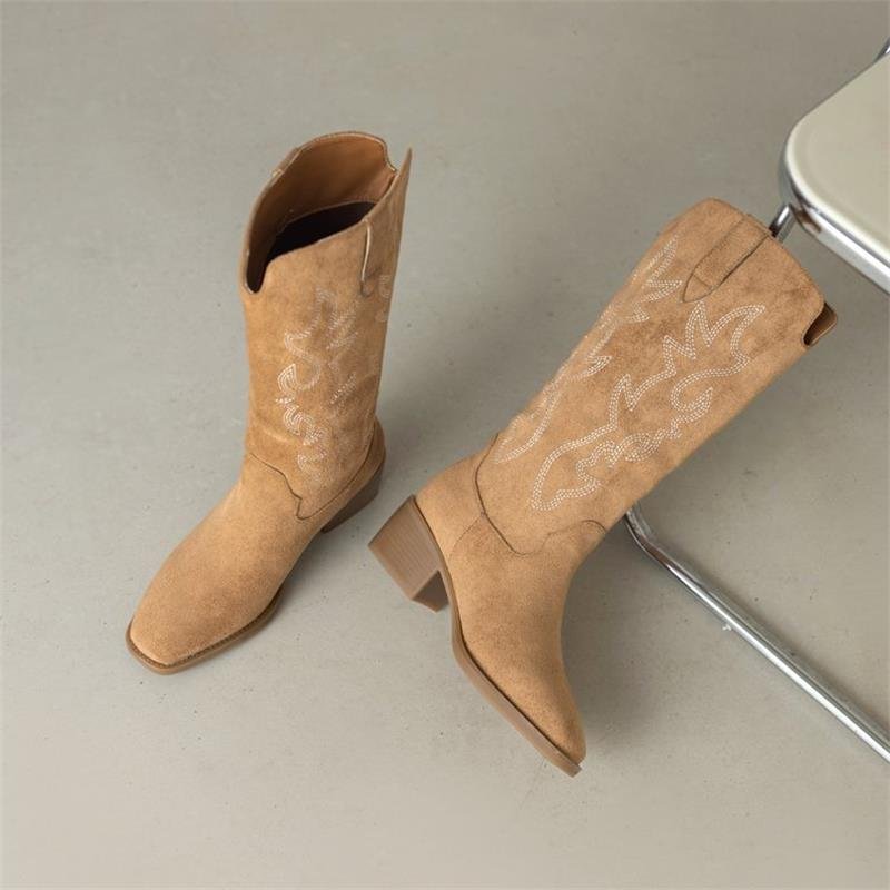 Suede Cowboy Boots for Women Knee High Western Cowgirl Boots Pointed Toe Low Heel Classic Embroidered Boot - Image 2