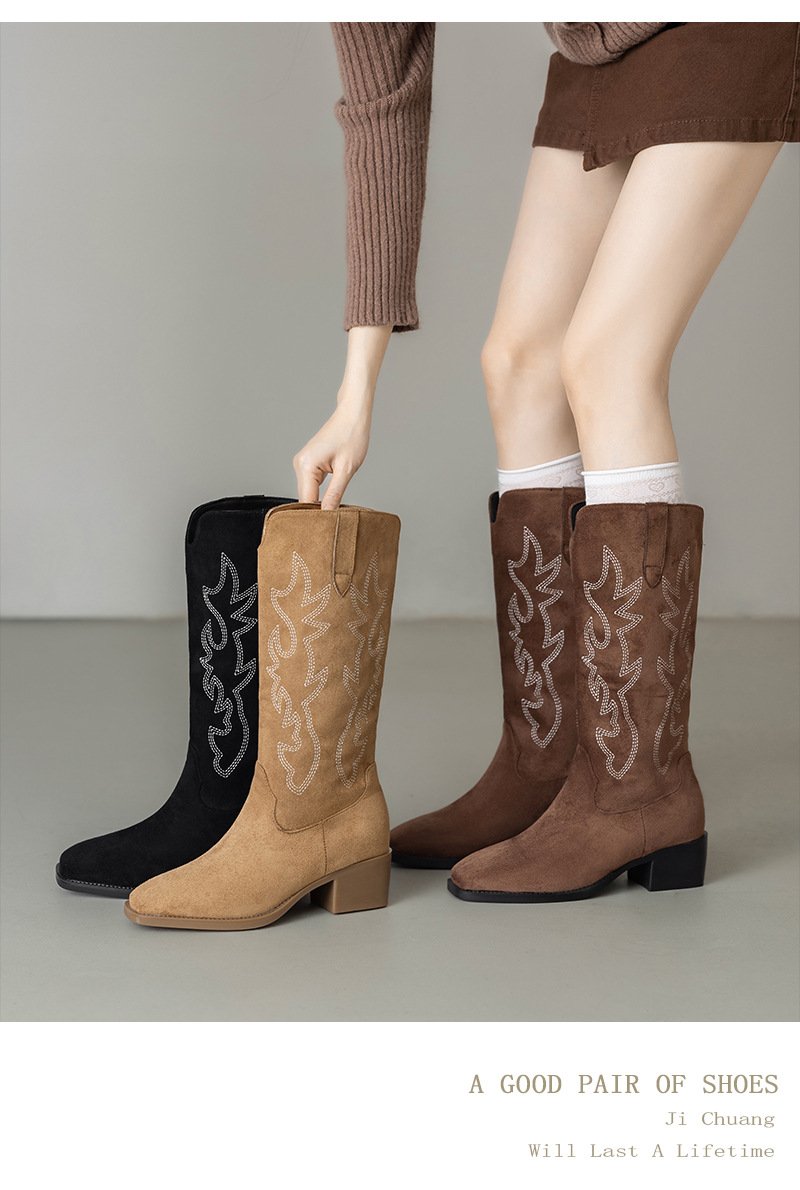 Suede Cowboy Boots for Women Knee High Western Cowgirl Boots Pointed Toe Low Heel Classic Embroidered Boot - Image 6